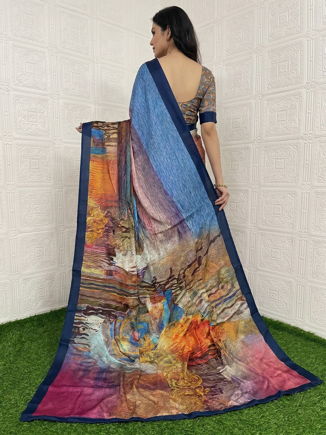 Multicolor Digital Printed Chinon Silk Saree - Image 2