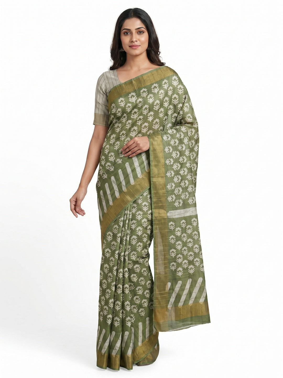 Green Floral Digital Printed Tussar Silk Saree - Image 1