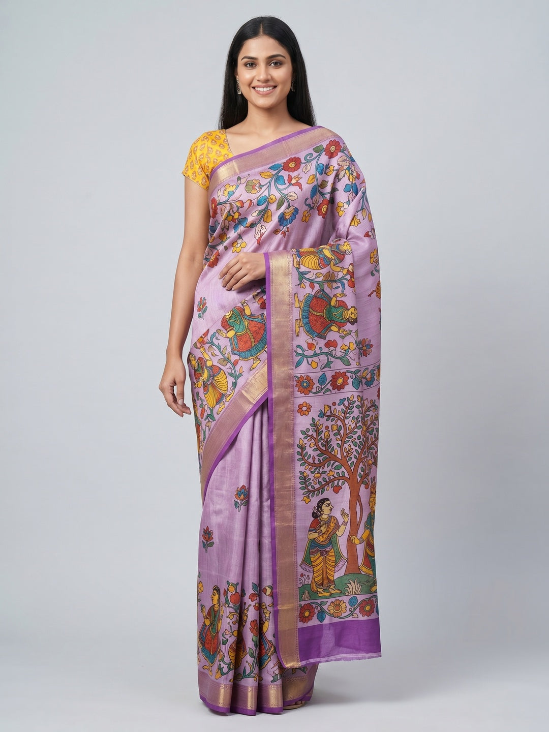 Lavender Floral Digital Printed Tussar Silk Saree - Image 1