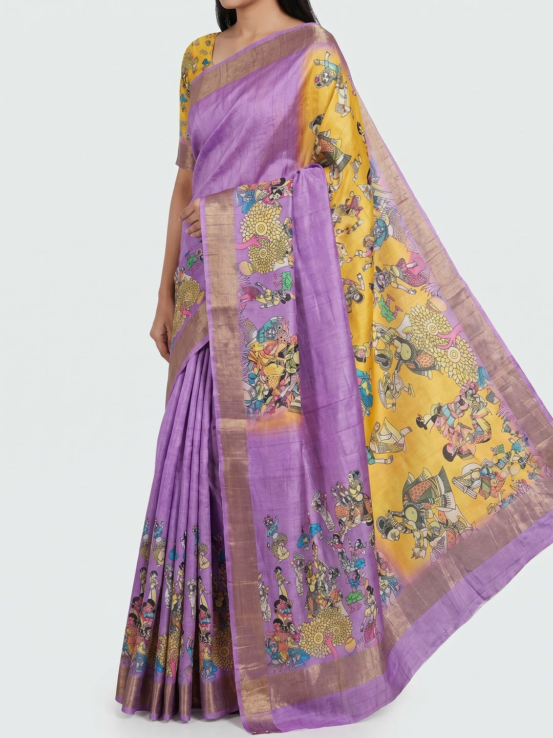 Lavender Floral Digital Printed Tussar Silk Saree - Image 3
