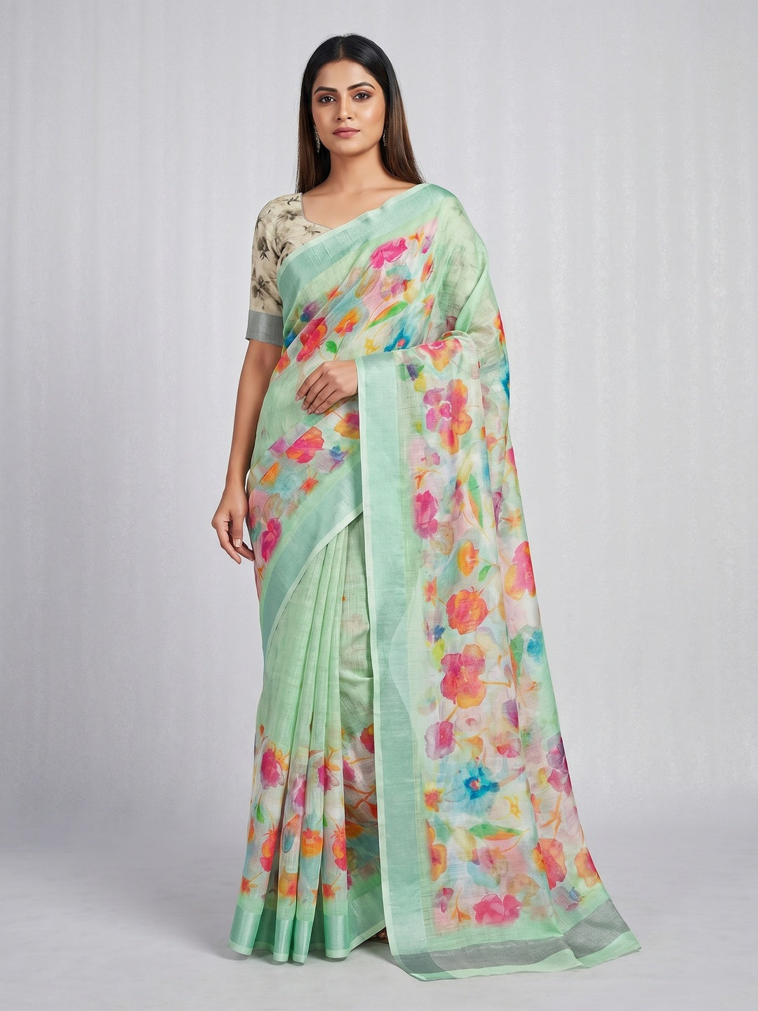 Pista Green Floral Digital Printed Linen Saree - Image 1