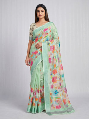 Pista Green Floral Digital Printed Linen Saree - Image 1