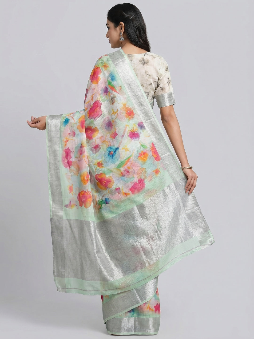 Pista Green Floral Digital Printed Linen Saree - Image 2