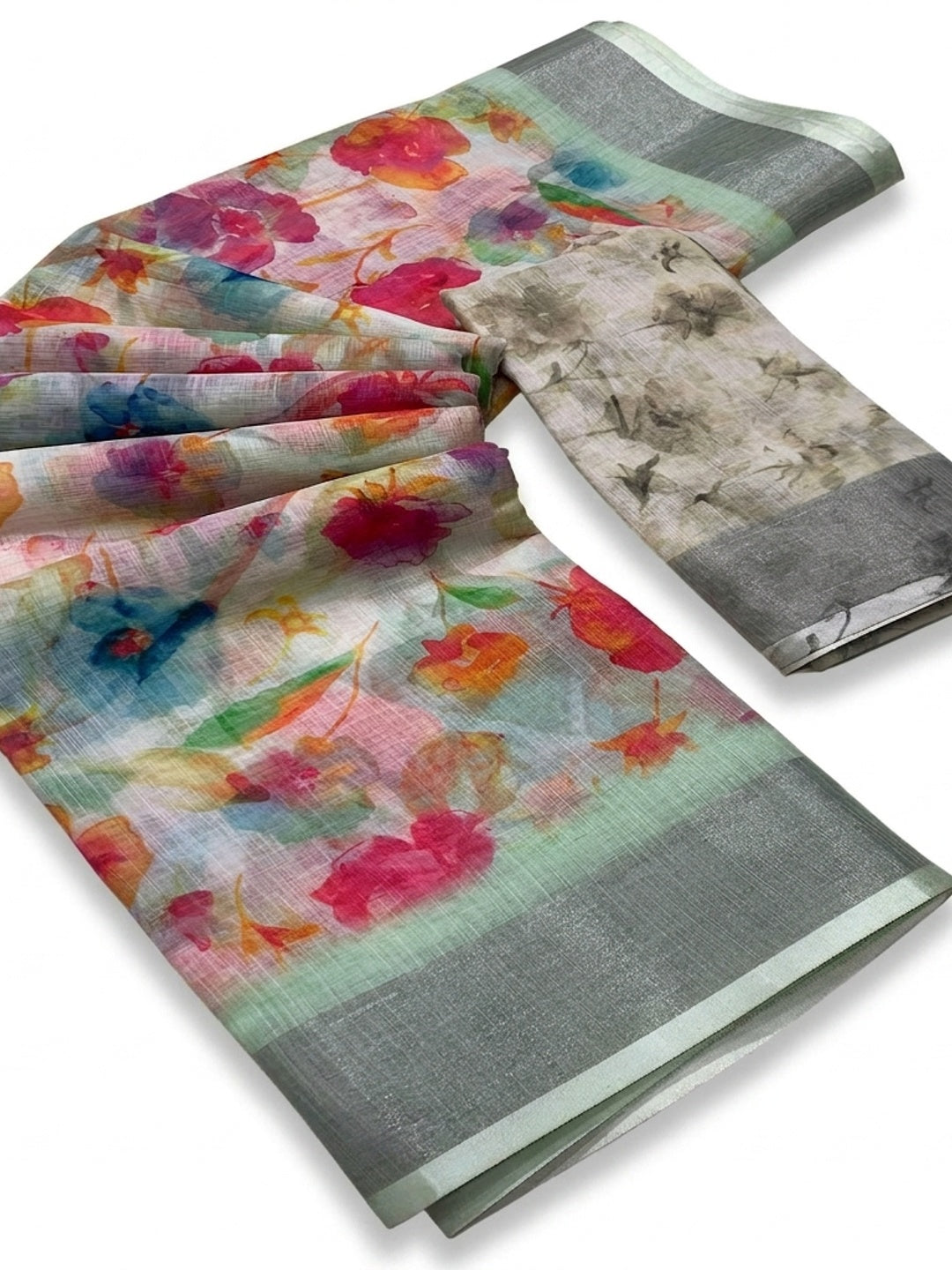 Pista Green Floral Digital Printed Linen Saree - Image 3