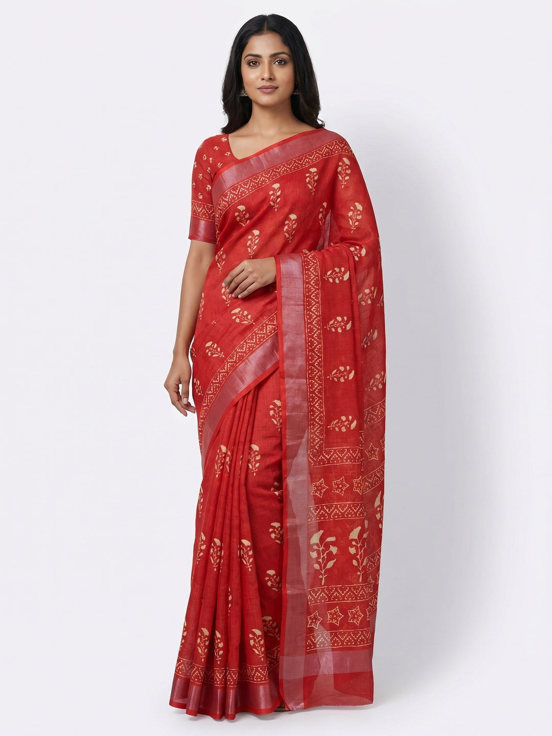 Red Floral Digital Printed Linen Saree - Image 1