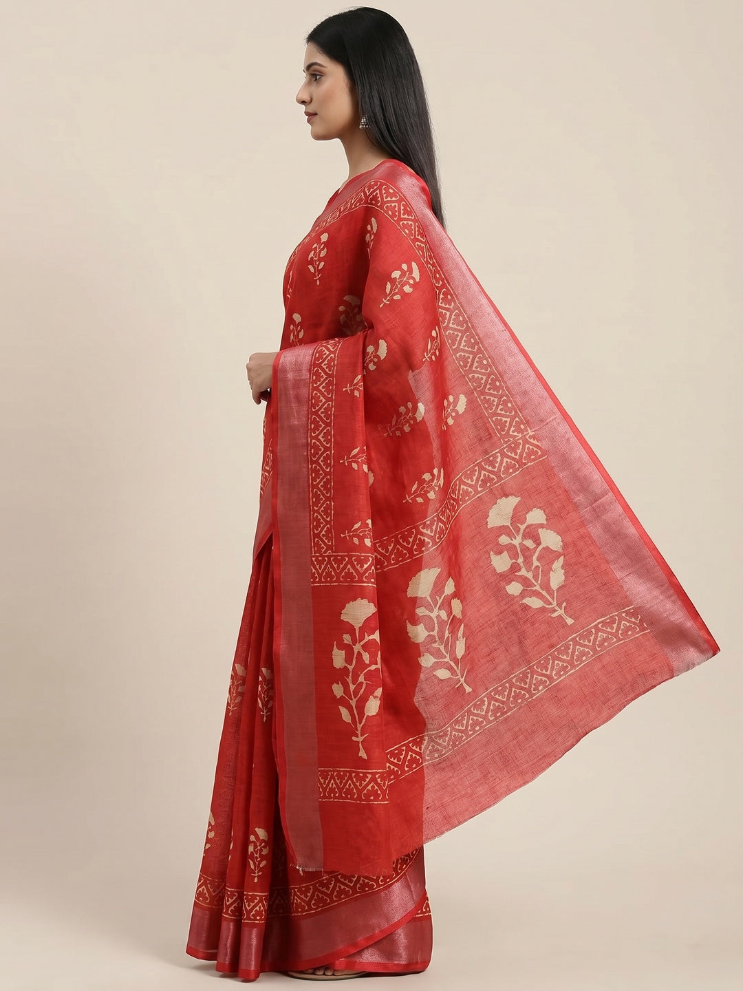 Red Floral Digital Printed Linen Saree - Image 4
