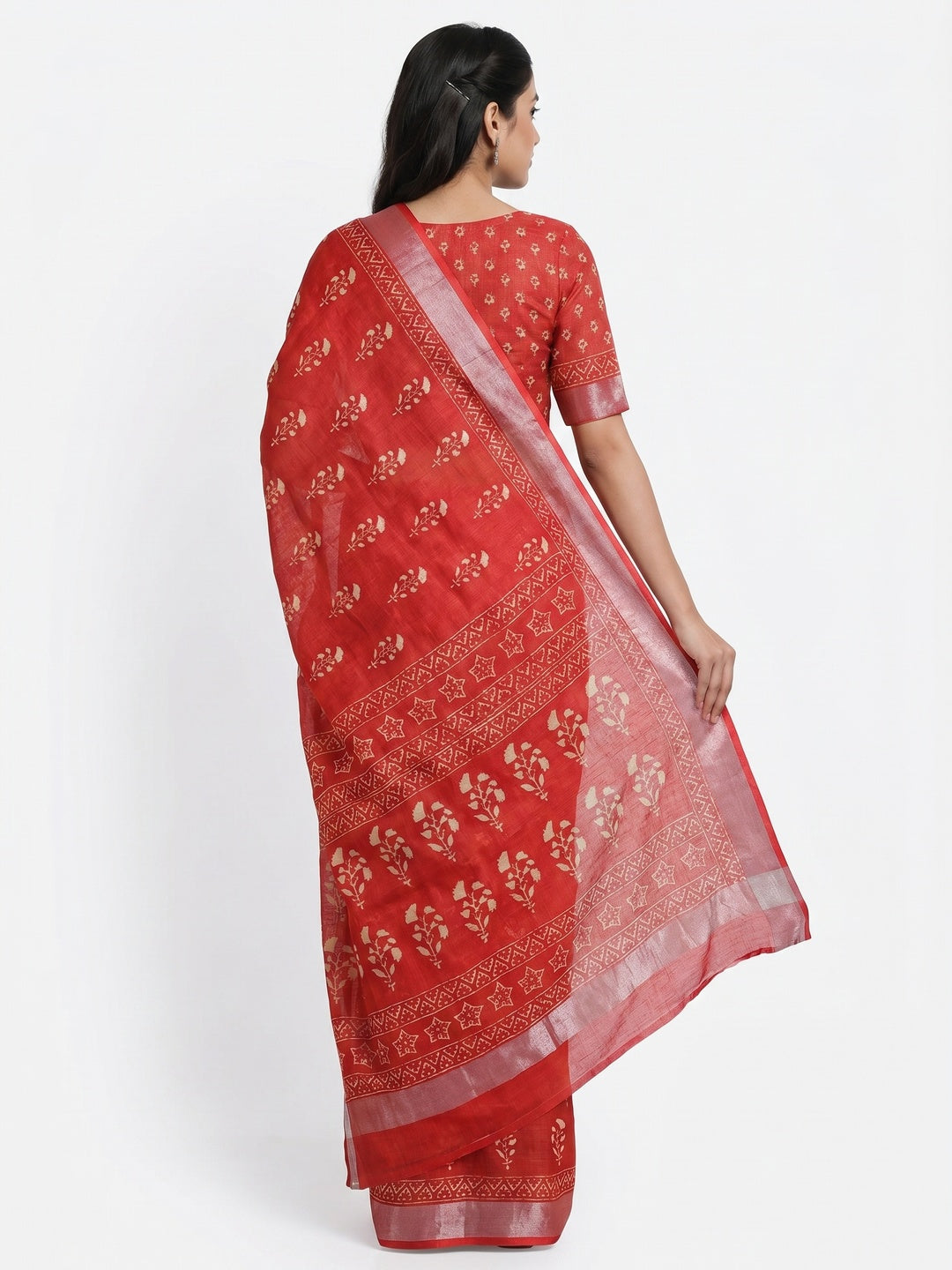 Red Floral Digital Printed Linen Saree - Image 2