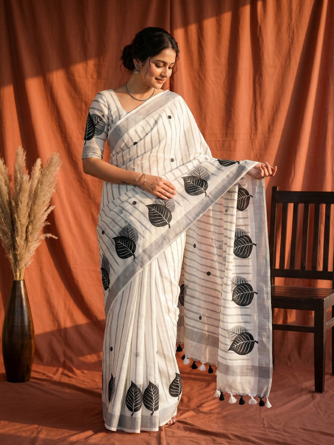 White Soft Linen Saree with Artistic Print Detailing