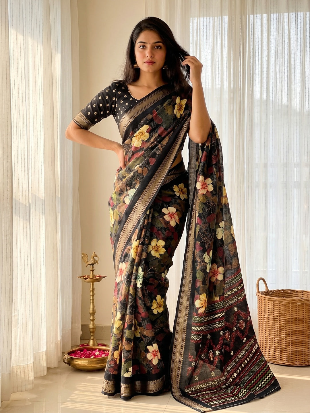 Classic Black Floral Printed Cotton Blend Saree With Elegant Zari Weaving Border
