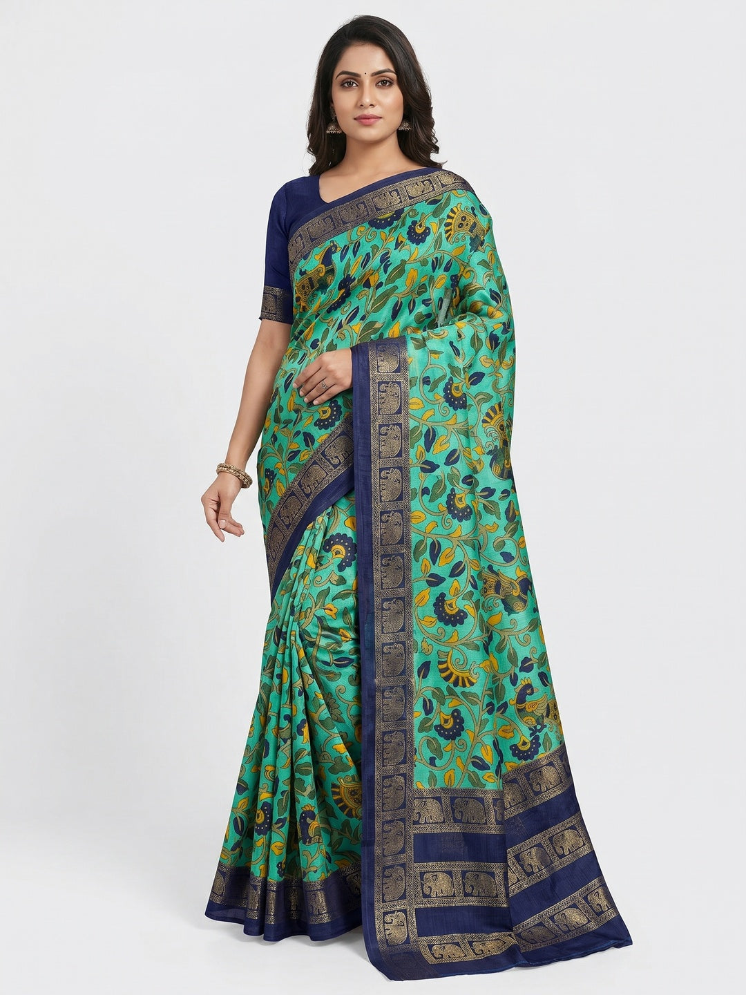 Turquoise Floral Kalamkari Printed Dola Silk Saree - Image 1