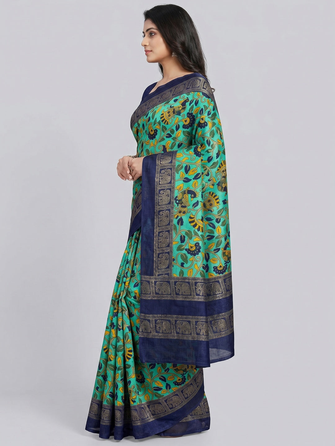 Turquoise Floral Kalamkari Printed Dola Silk Saree - Image 3
