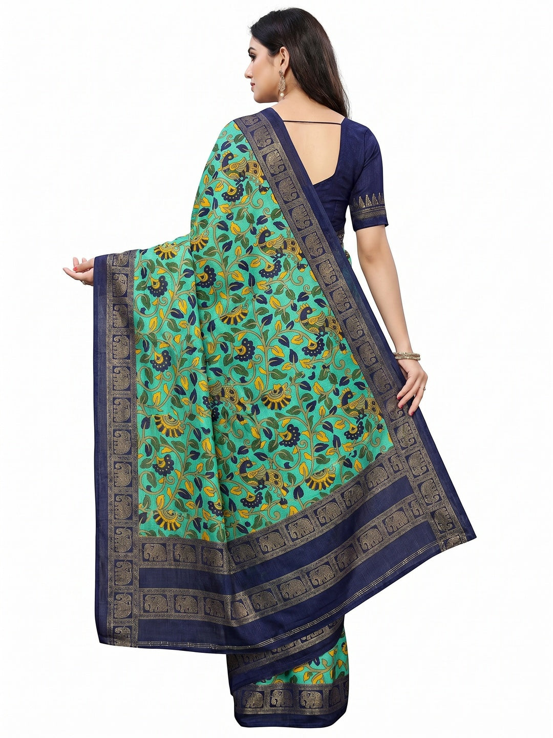 Turquoise Floral Kalamkari Printed Dola Silk Saree - Image 2