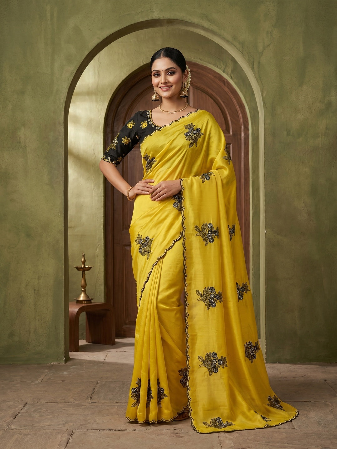 Peachmode Yellow Rangoli Silk Saree with Mirror and Embroidery Work - Image 1