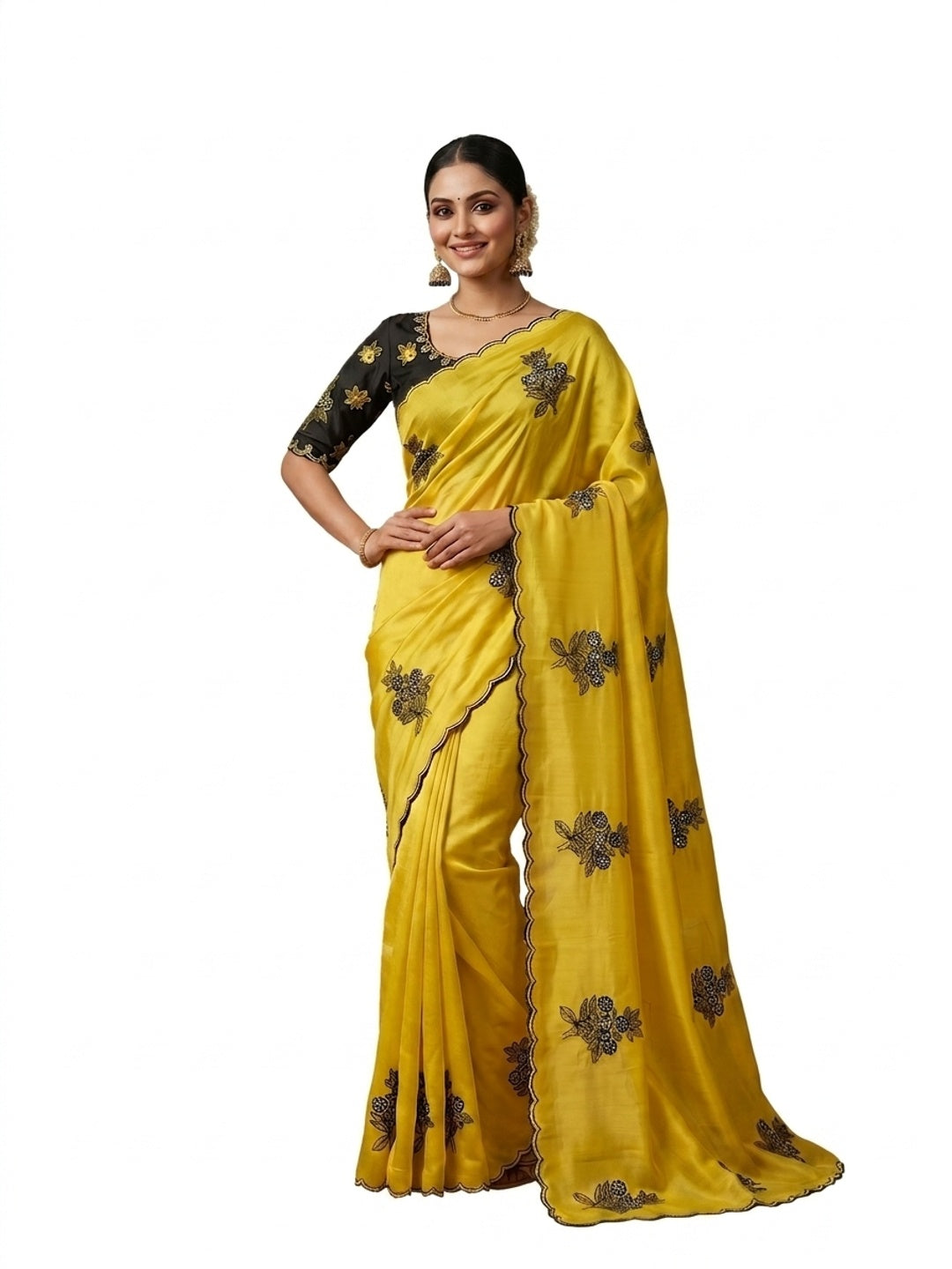 Peachmode Yellow Rangoli Silk Saree with Mirror and Embroidery Work - Image 4
