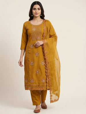 Mustard Floral Embroidery With Stonework Cotton Silk Dress Material - Image 1
