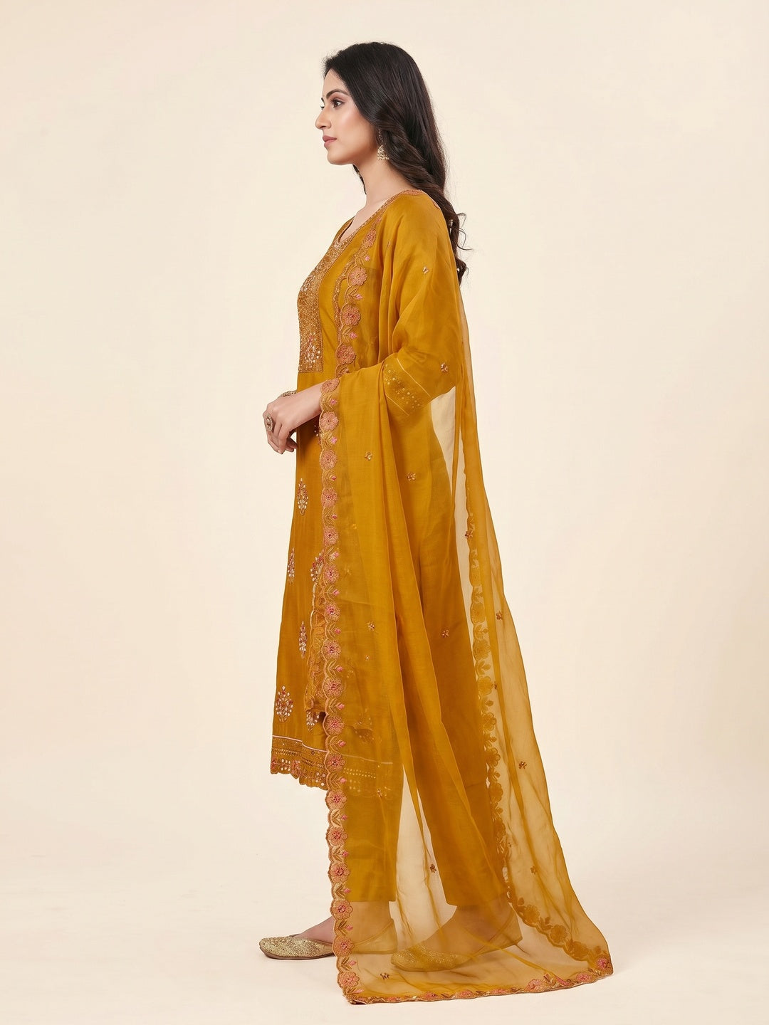 Mustard Floral Embroidery With Stonework Cotton Silk Dress Material - Image 3