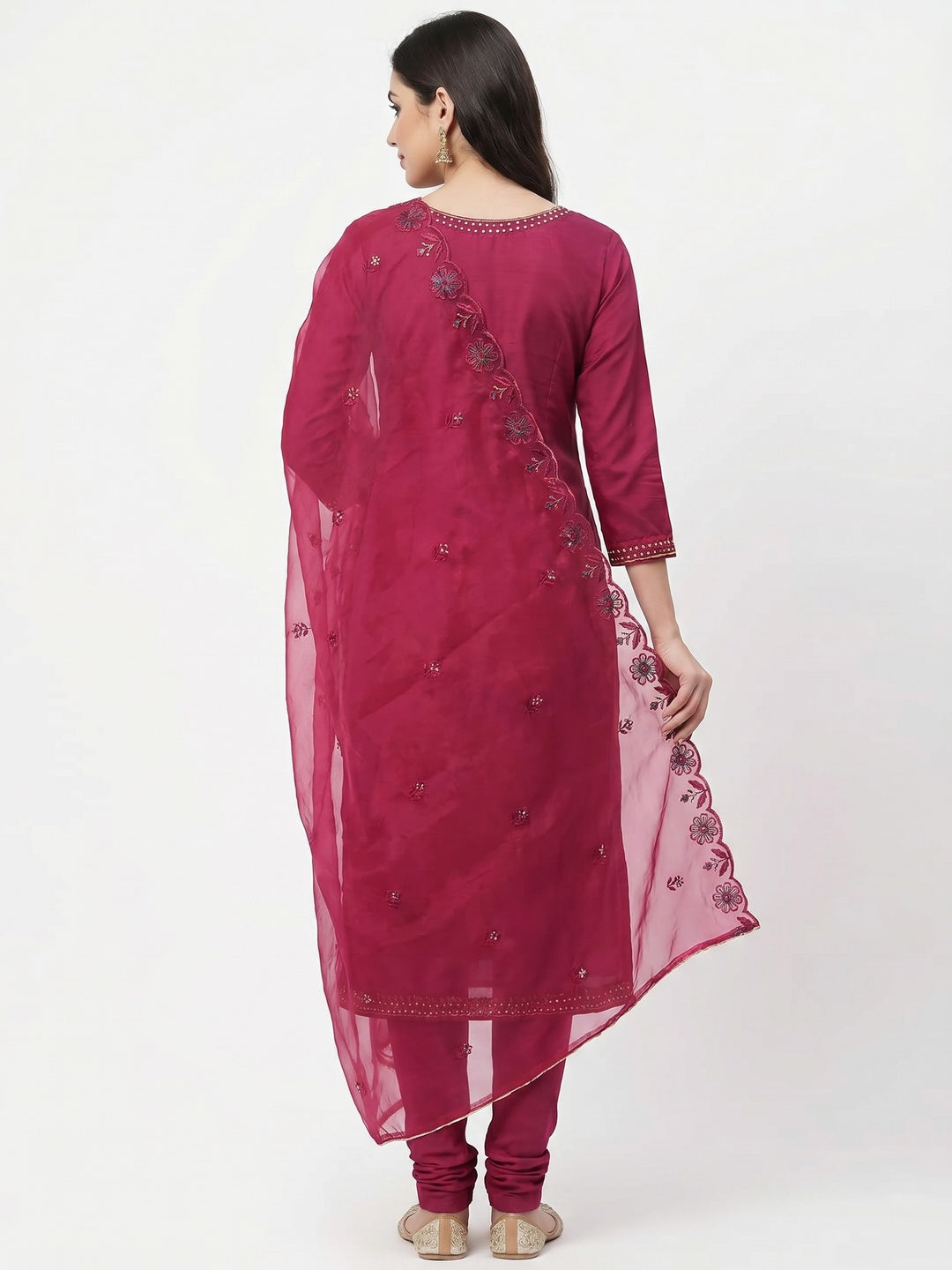 Magenta Floral Embroidery With Stonework Cotton Silk Dress Material - Image 2