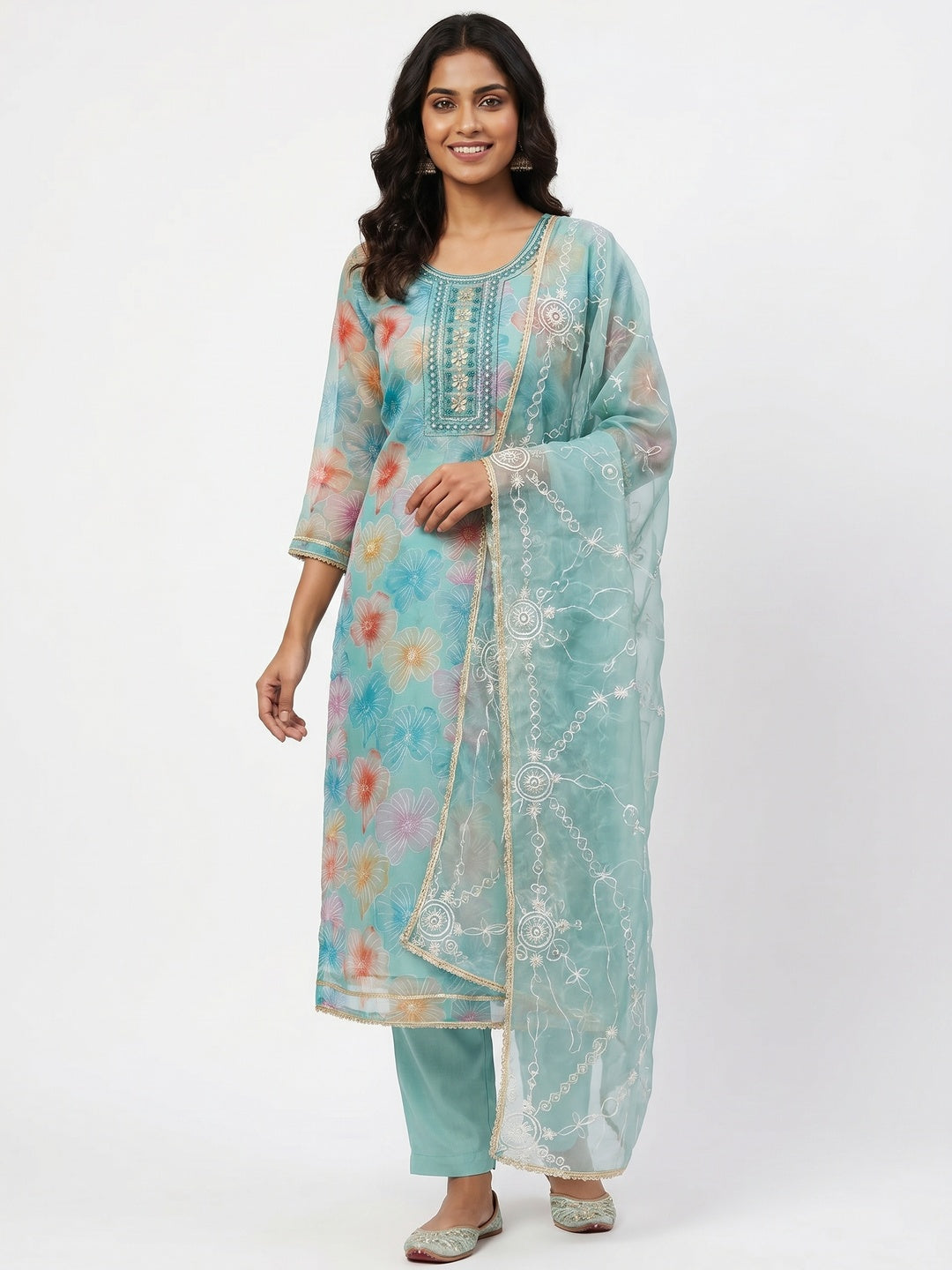 Turquoise Floral Sequins Embroidery With Handwork Organza Dress Material - Image 1