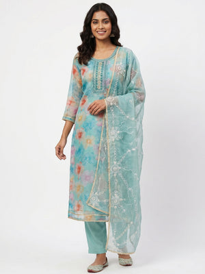 Turquoise Floral Sequins Embroidery With Handwork Organza Dress Material - Image 1