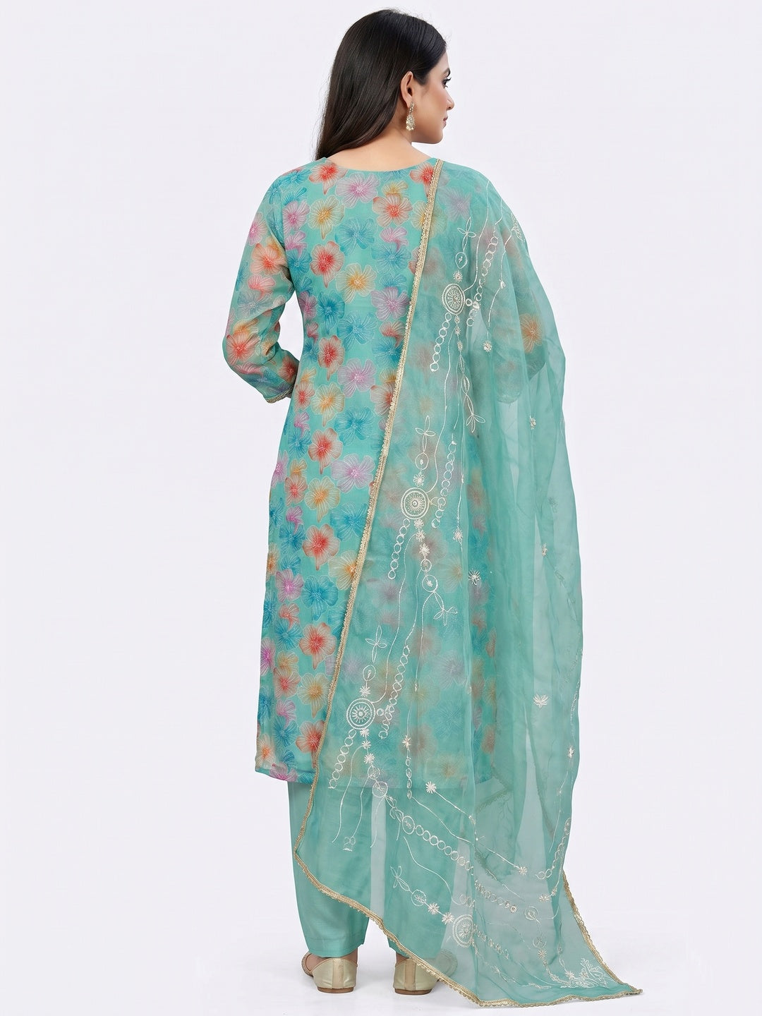 Turquoise Floral Sequins Embroidery With Handwork Organza Dress Material - Image 3