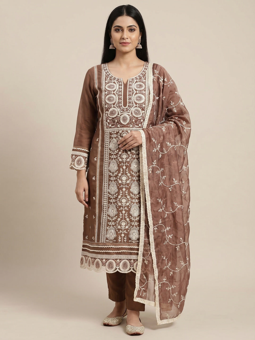Brown Floral Sequins Embroidered Organza Dress Material - Image 1