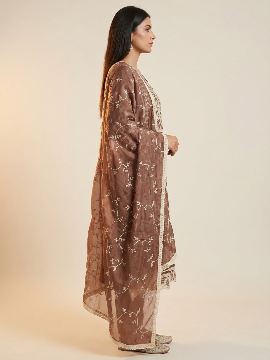 Brown Floral Sequins Embroidered Organza Dress Material - Image 3