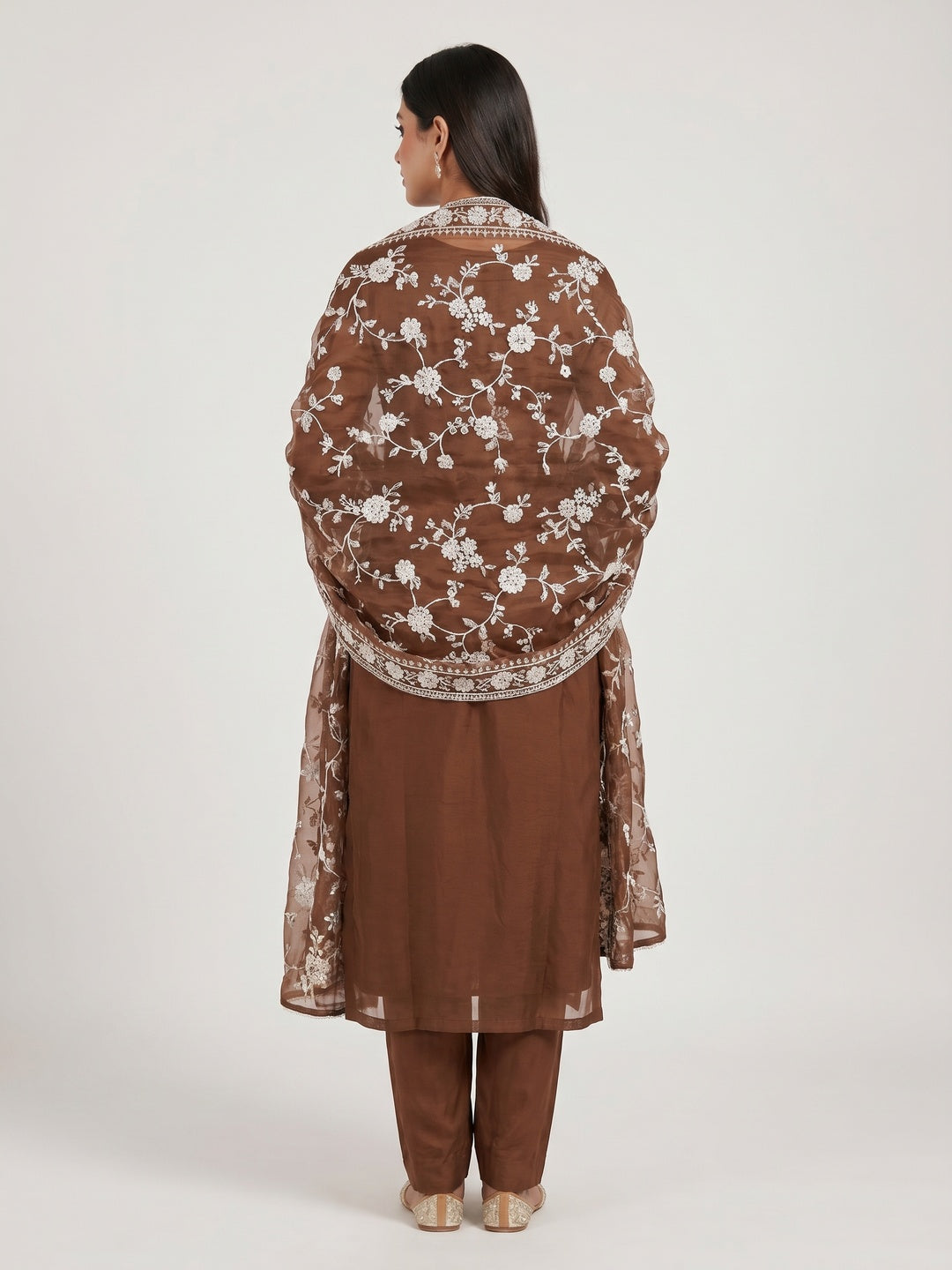Brown Floral Sequins Embroidered Organza Dress Material - Image 2