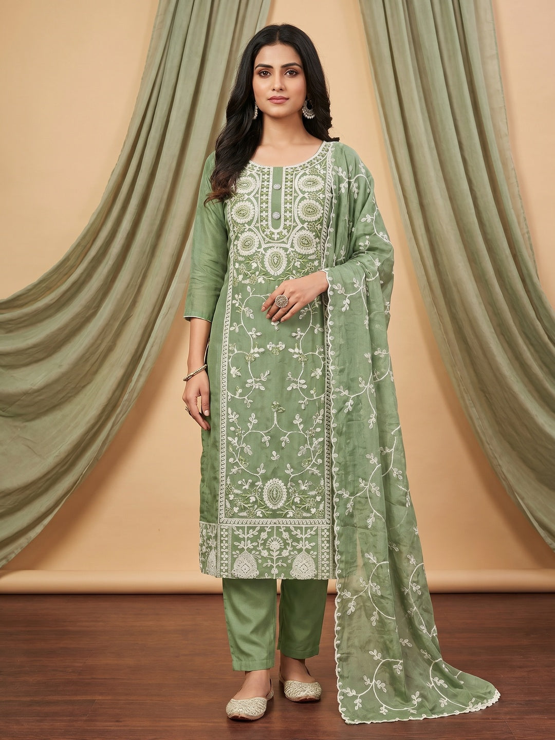 Green Floral Sequins Embroidered Organza Dress Material - Image 1
