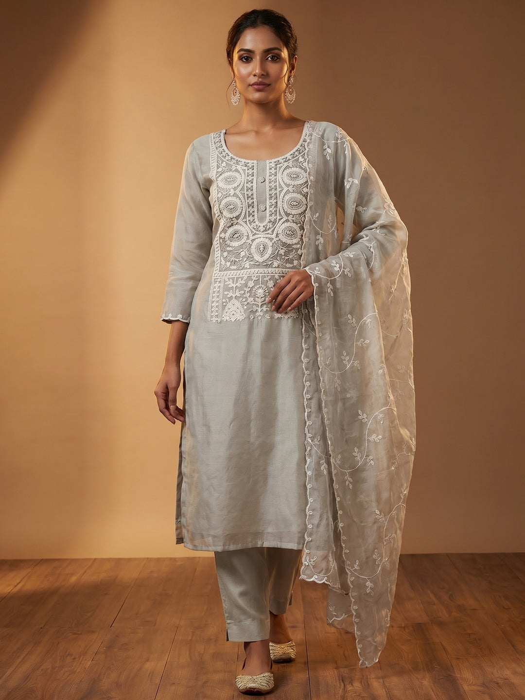 Light Grey Floral Sequins Embroidered Organza Dress Material - Image 1