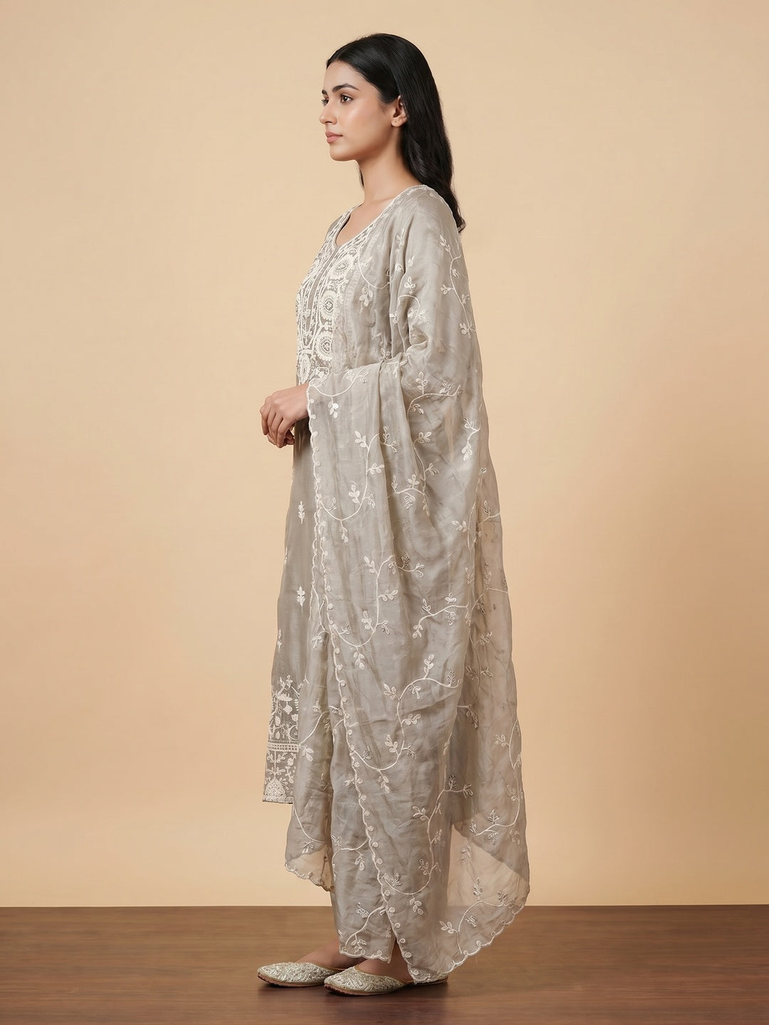 Light Grey Floral Sequins Embroidered Organza Dress Material - Image 2