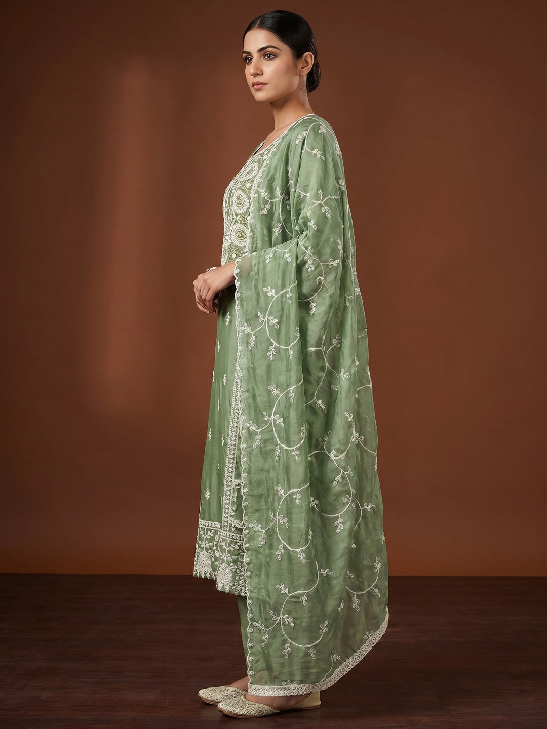 Green Floral Sequins Embroidered Organza Dress Material - Image 3