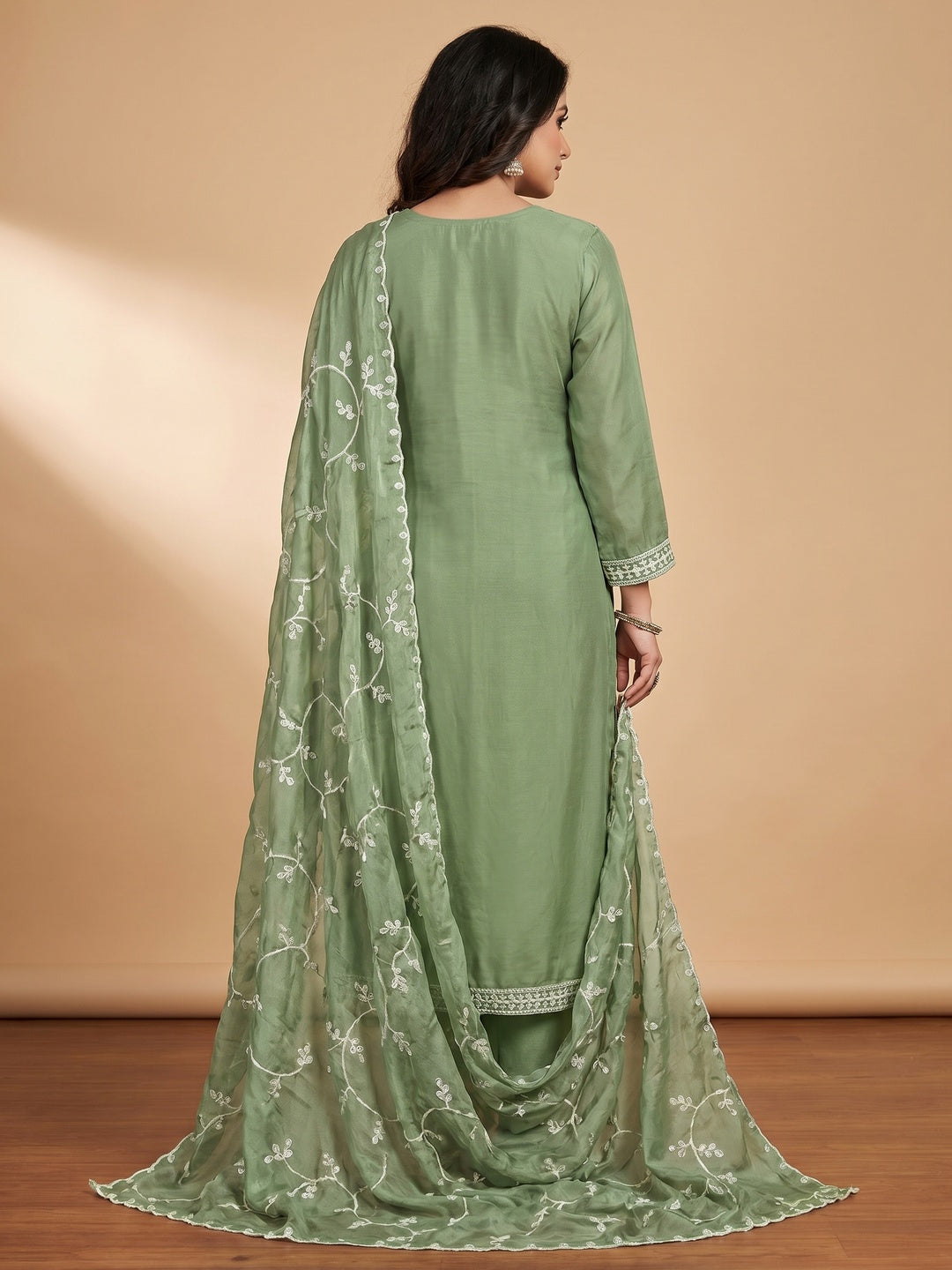 Green Floral Sequins Embroidered Organza Dress Material - Image 2