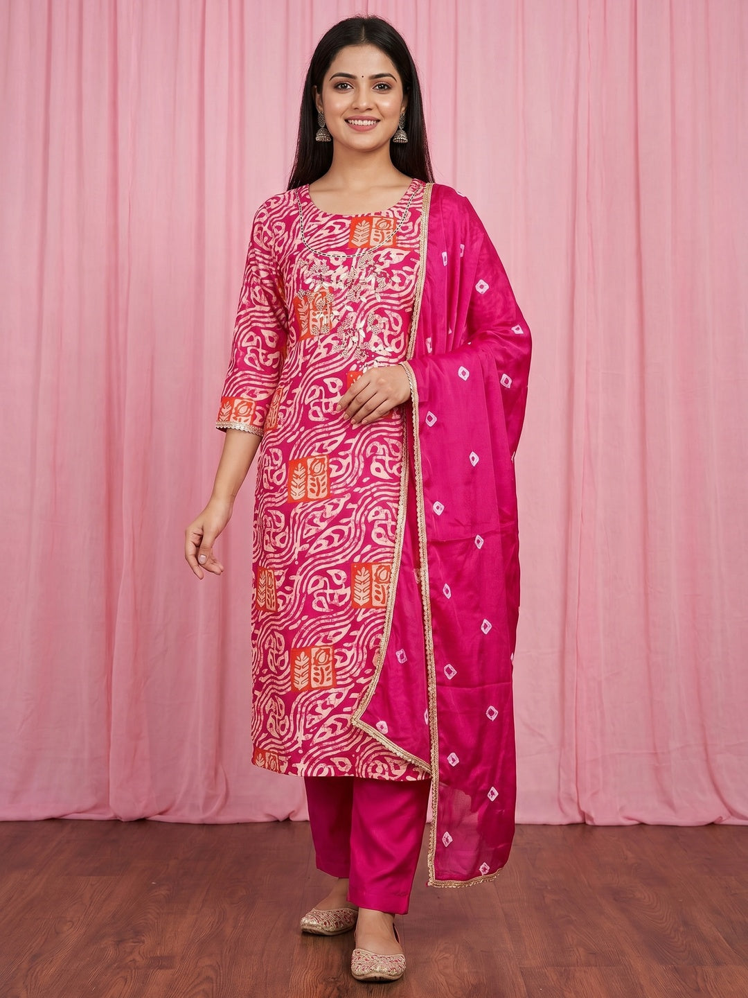 Pink Printed With Handwork Cotton Silk Dress Material - Image 1