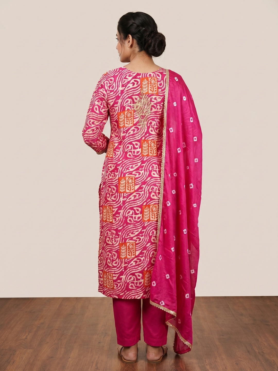 Pink Printed With Handwork Cotton Silk Dress Material - Image 2