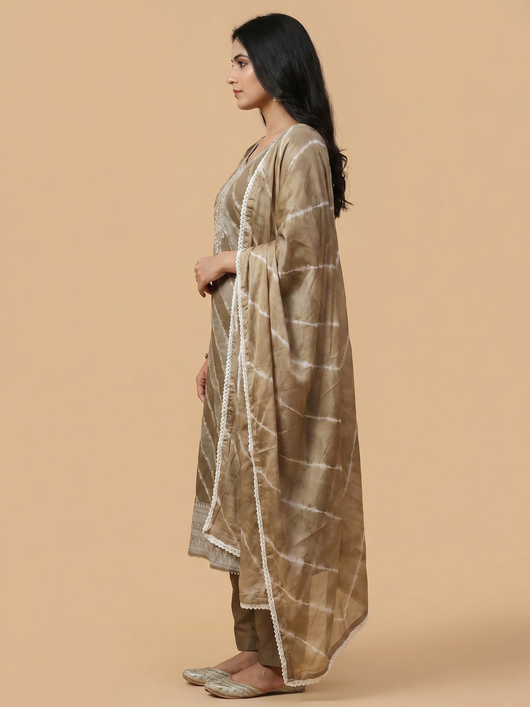 Dark Chikoo Floral Woven With Handwork Banarasi Silk Dress Material - Image 3
