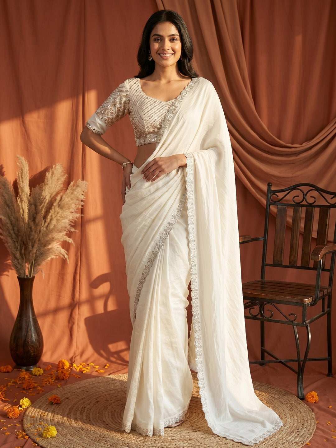 Peachmode White Soft Crunchy Silk Saree with Diamond and Embroidery Work - Image 1