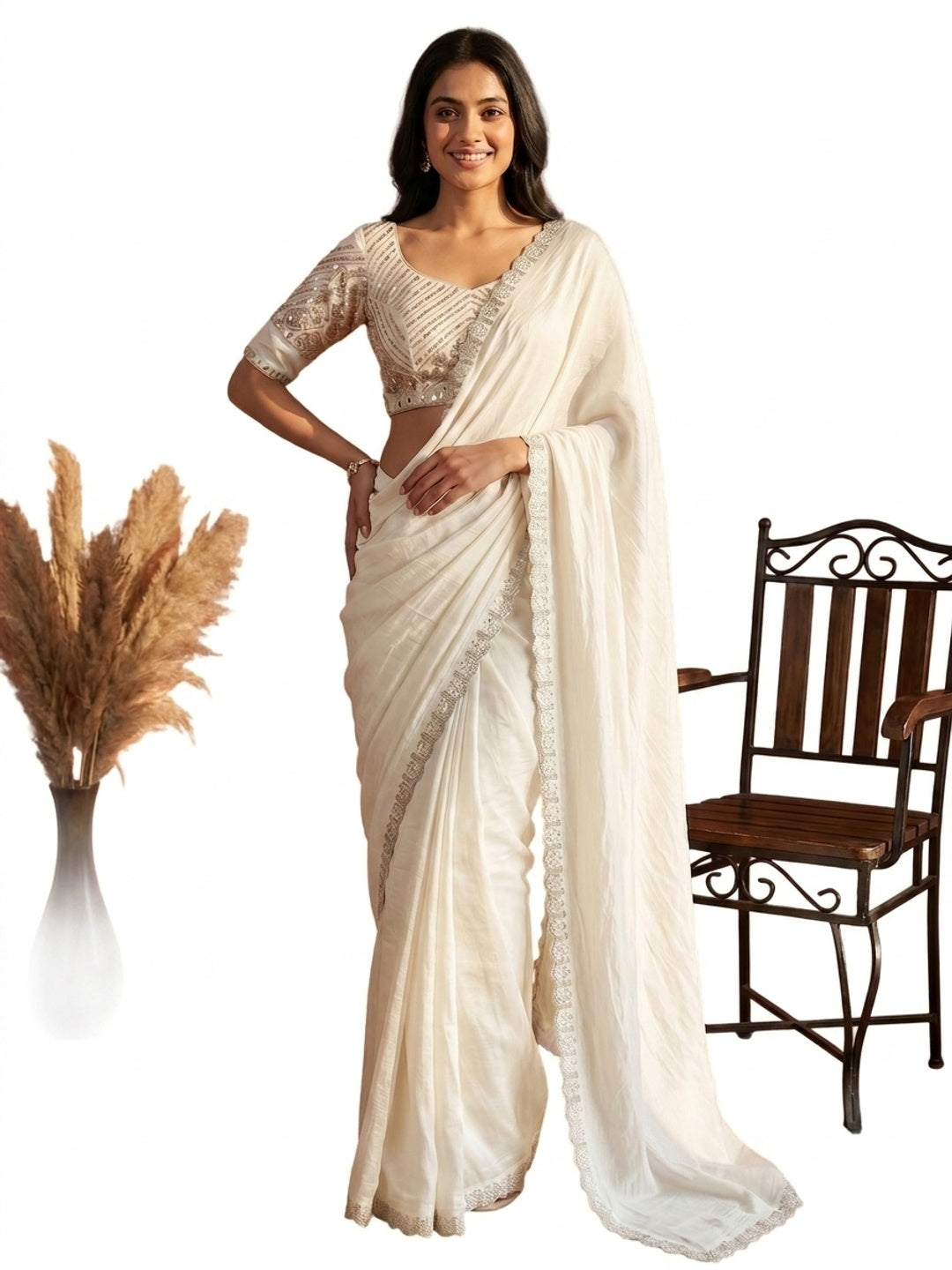 Peachmode White Soft Crunchy Silk Saree with Diamond and Embroidery Work - Image 7