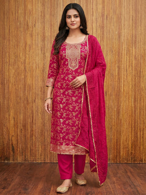 Rani Pink Floral Woven With Stonework Banarasi Jacquard Dress Material - Image 1