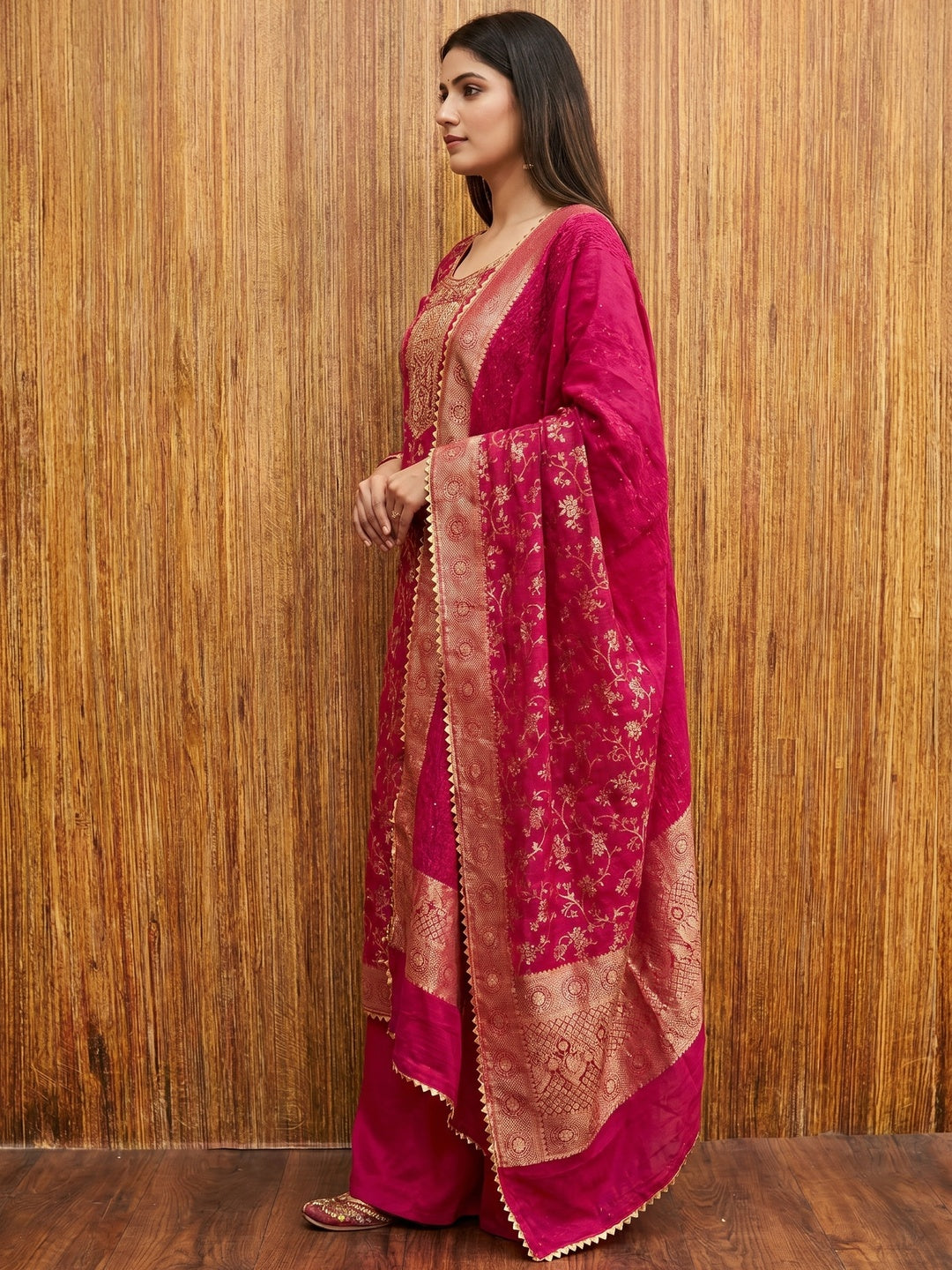 Rani Pink Floral Woven With Stonework Banarasi Jacquard Dress Material - Image 2