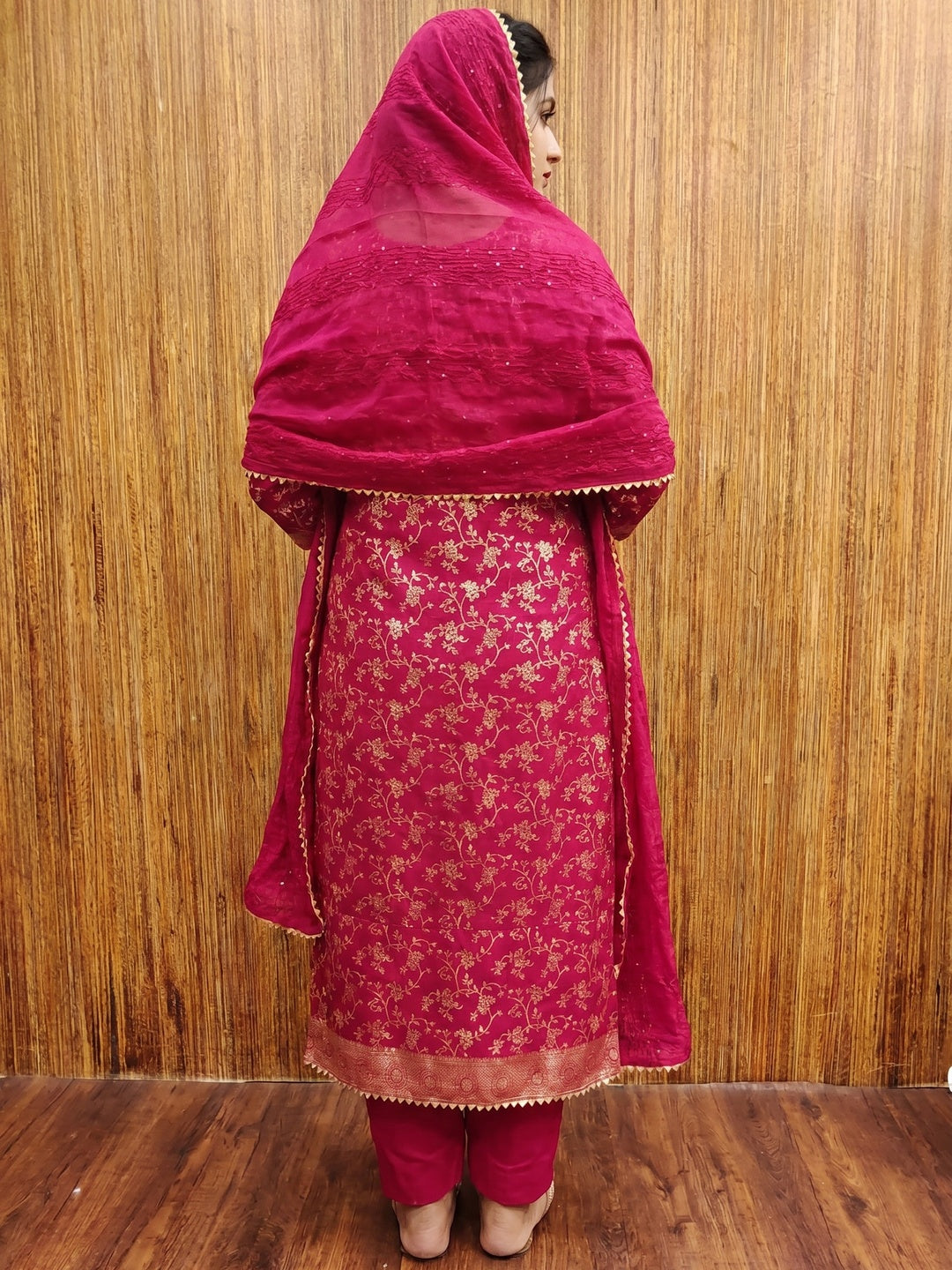Rani Pink Floral Woven With Stonework Banarasi Jacquard Dress Material - Image 3
