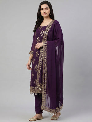 Purple Floral Sequins Embroidered Georgette Dress Material - Image 1