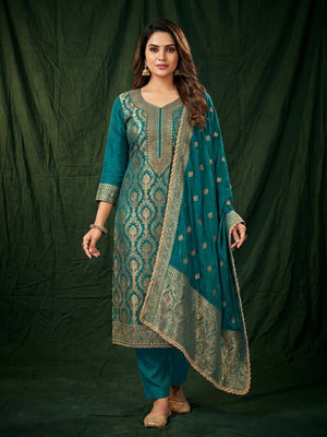 Teal Floral Woven With Stonework Banarasi Jacquard Dress Material - Image 1