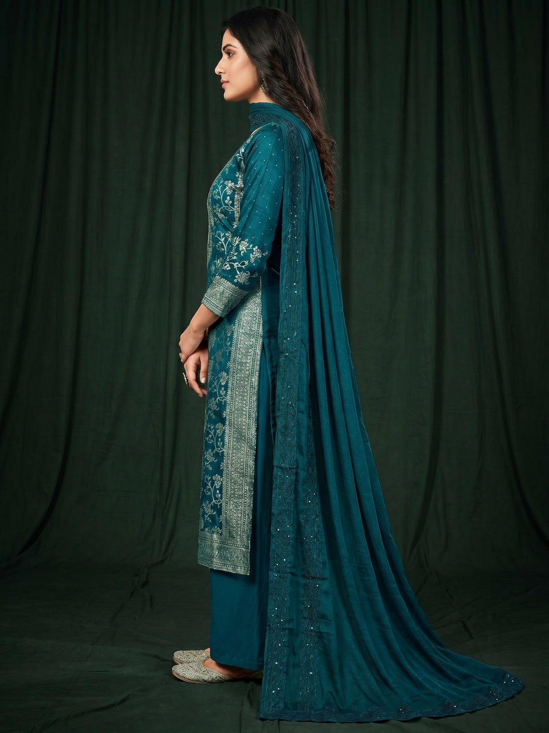 Teal Floral Woven With Stonework Banarasi Jacquard Dress Material - Image 2