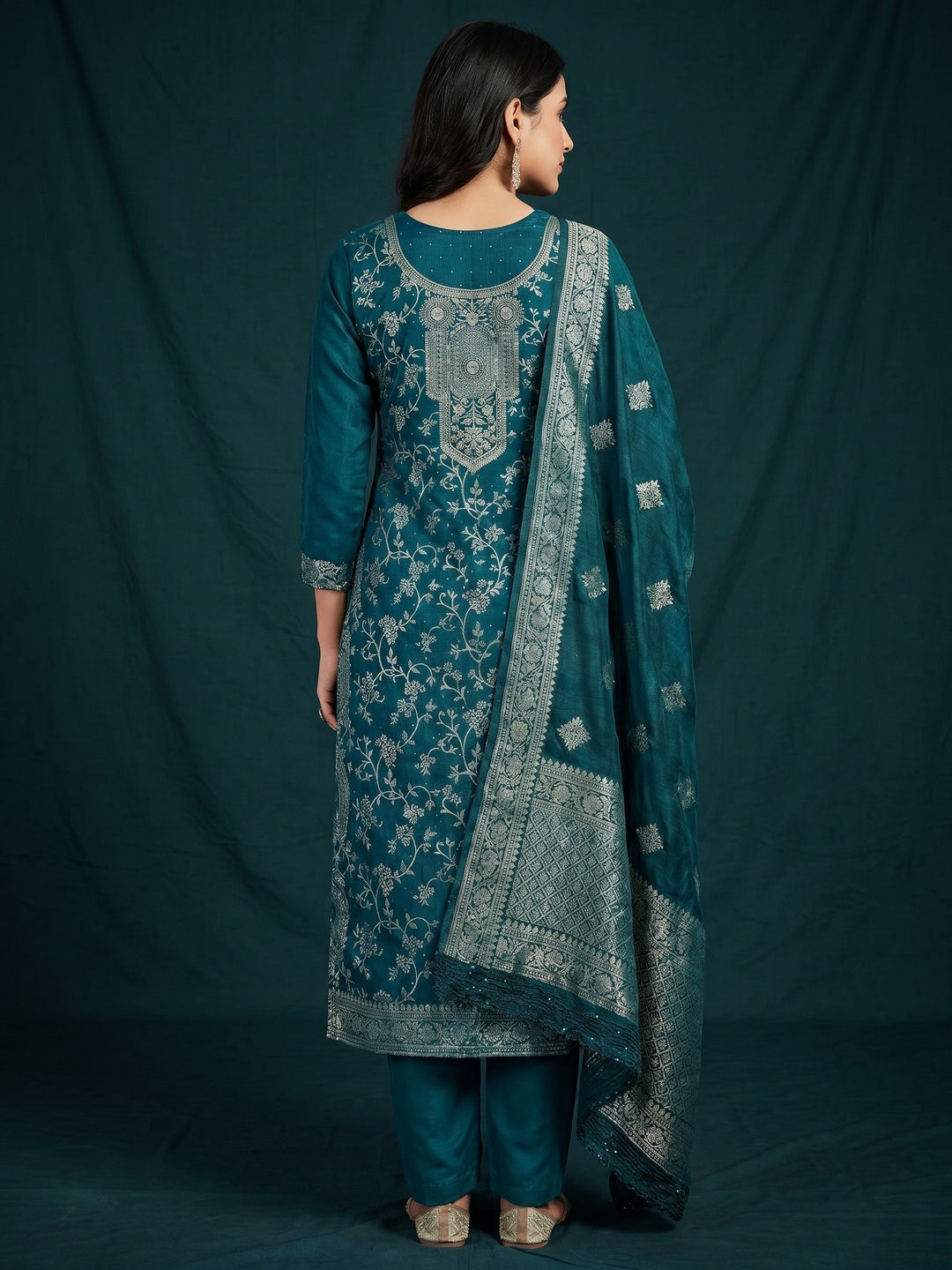Teal Floral Woven With Stonework Banarasi Jacquard Dress Material - Image 3