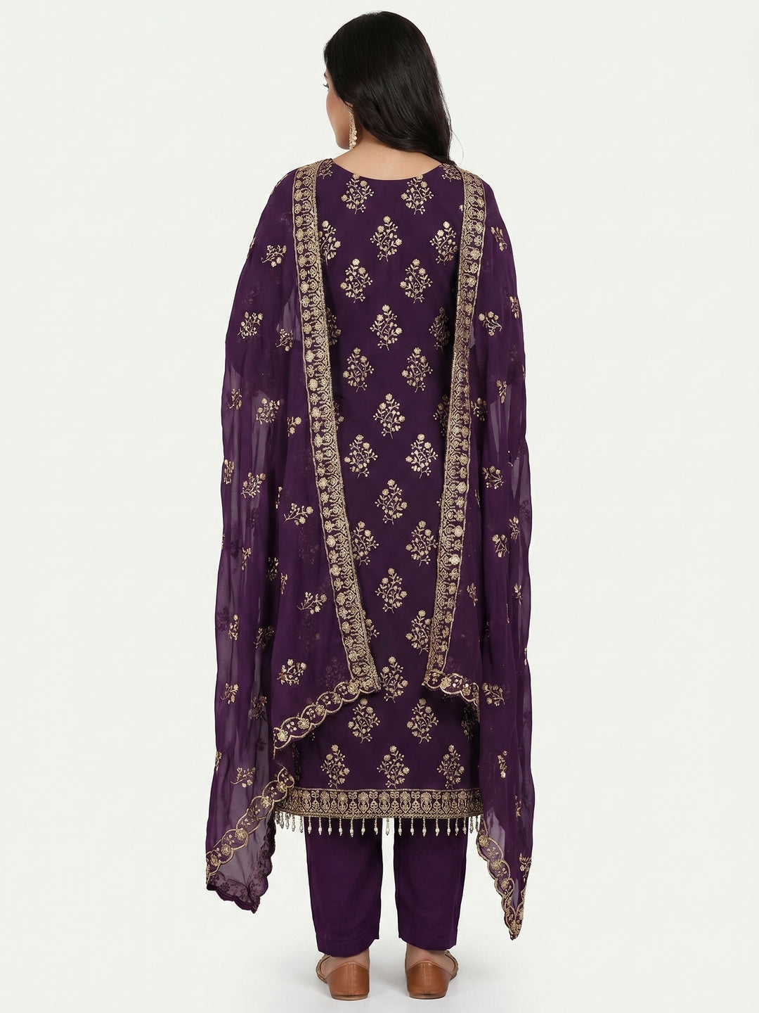 Purple Floral Sequins Embroidered Georgette Dress Material - Image 2