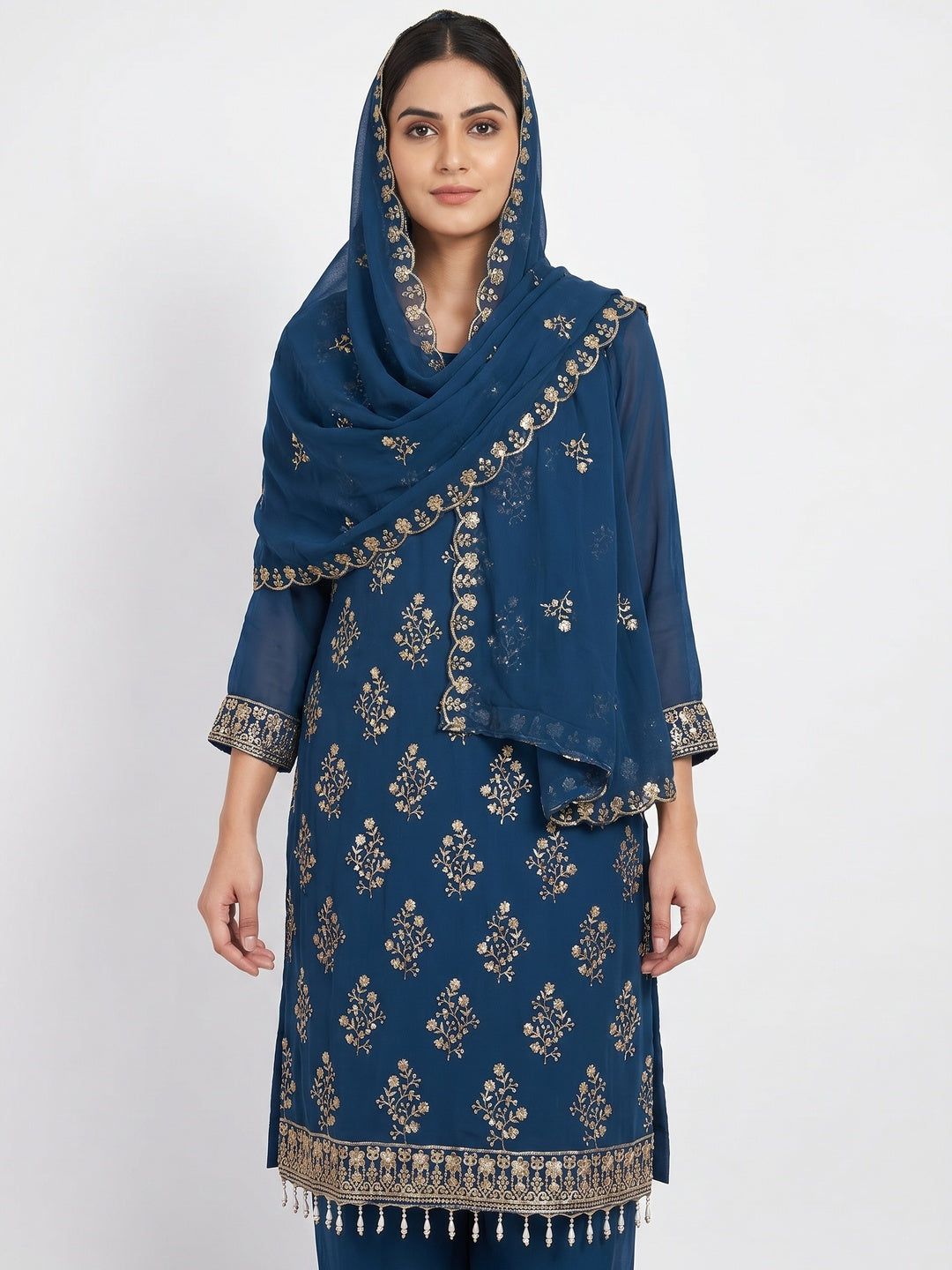 Blue Floral Sequins Embroidered Georgette Dress Material - Image 1