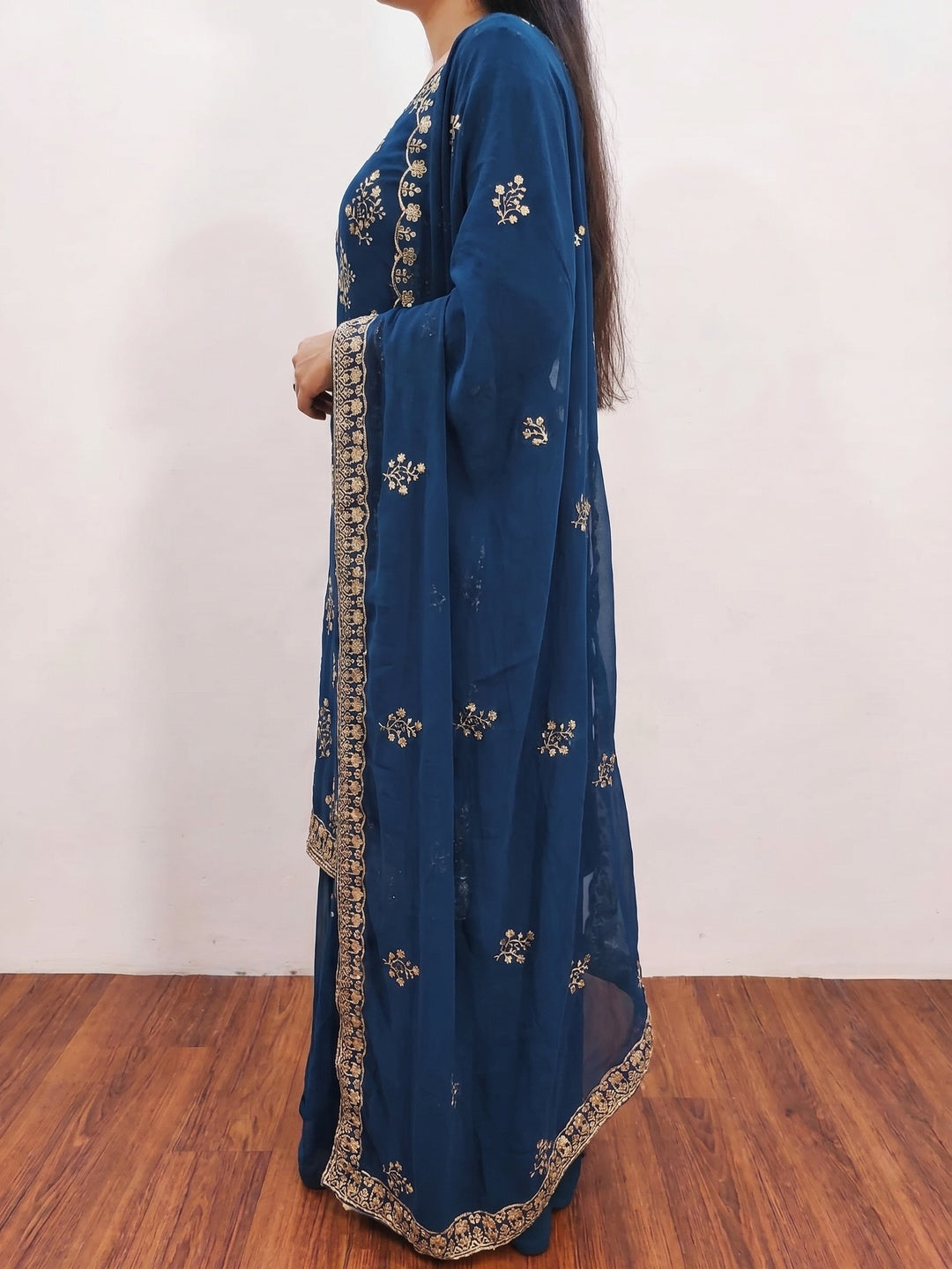 Blue Floral Sequins Embroidered Georgette Dress Material - Image 3