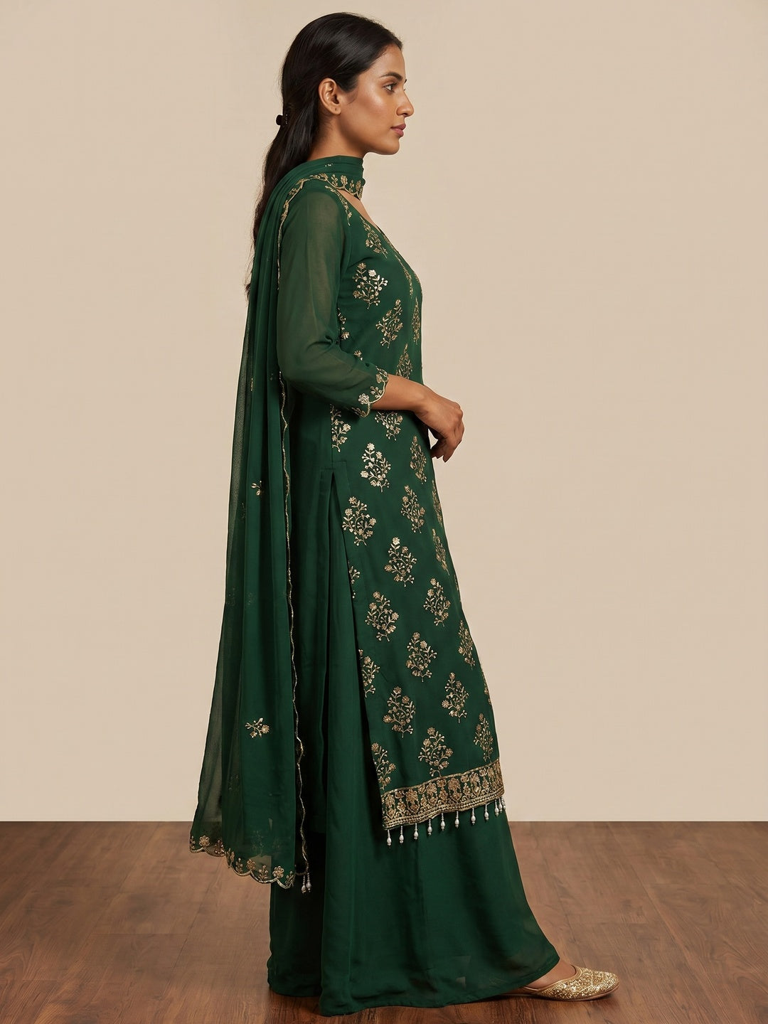 Green Floral Sequins Embroidered Georgette Dress Material - Image 3