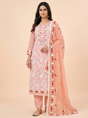 Peach Floral Embroidered Chanderi Dress Material - Image 1
