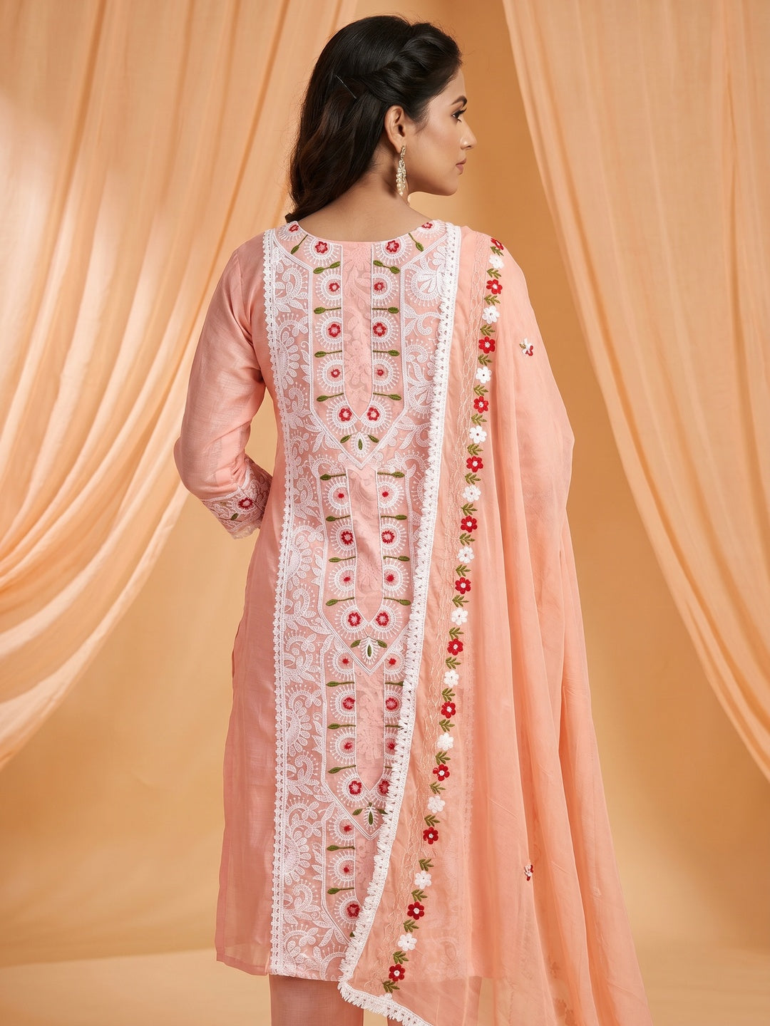 Peach Floral Embroidered Chanderi Dress Material - Image 2